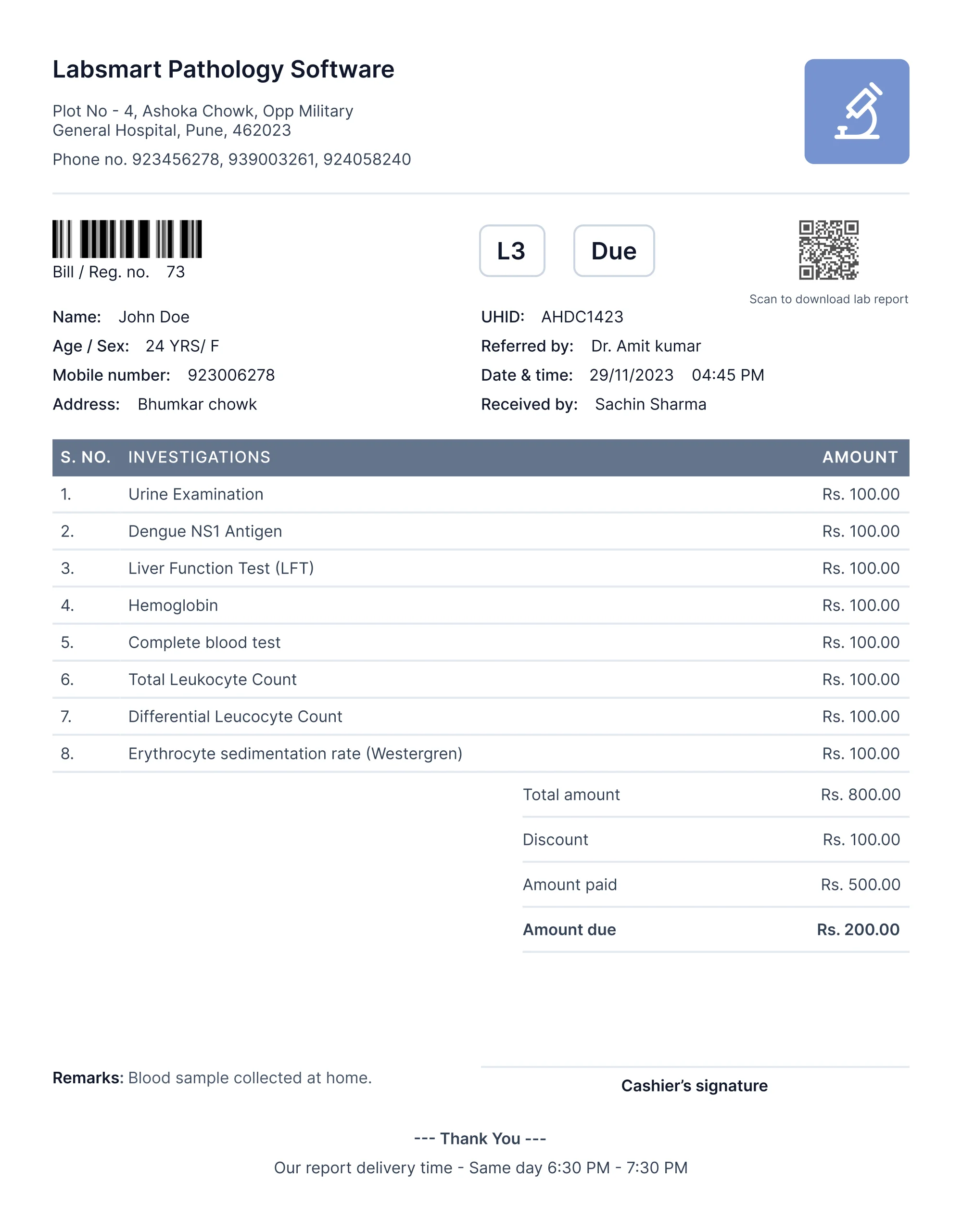 Labsmart pathology bill image