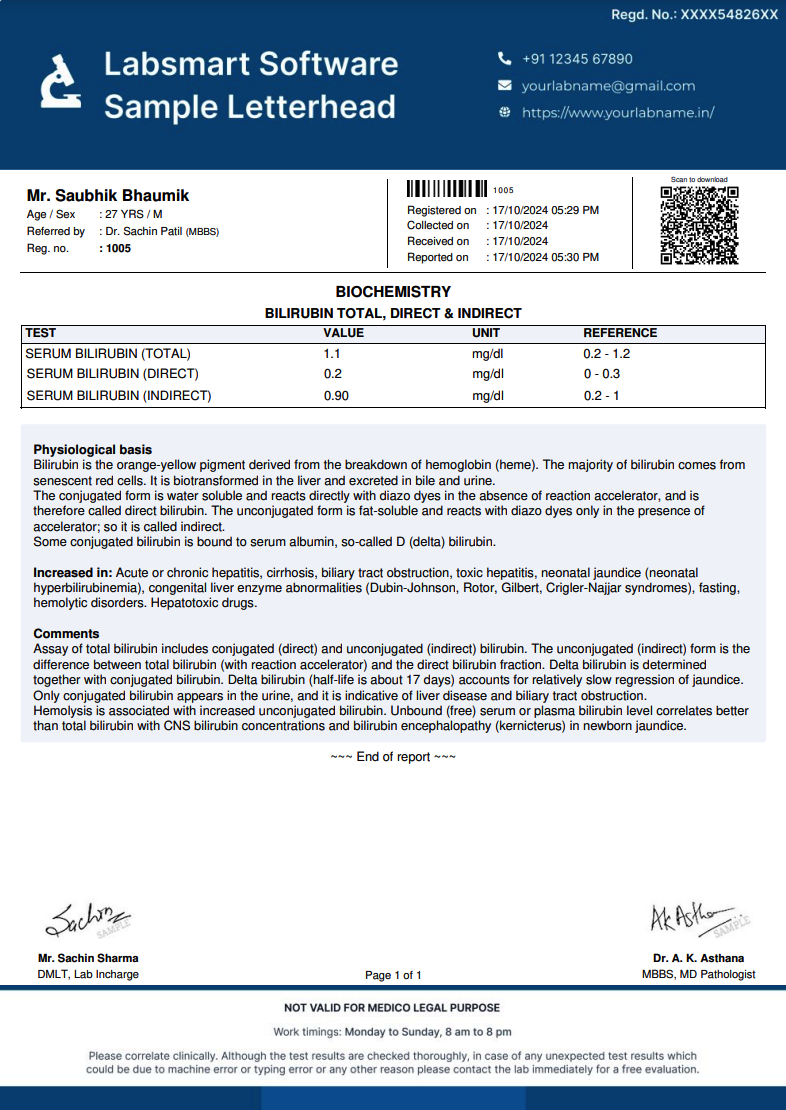 Bilirubin Total, Direct & Indirect Report Format