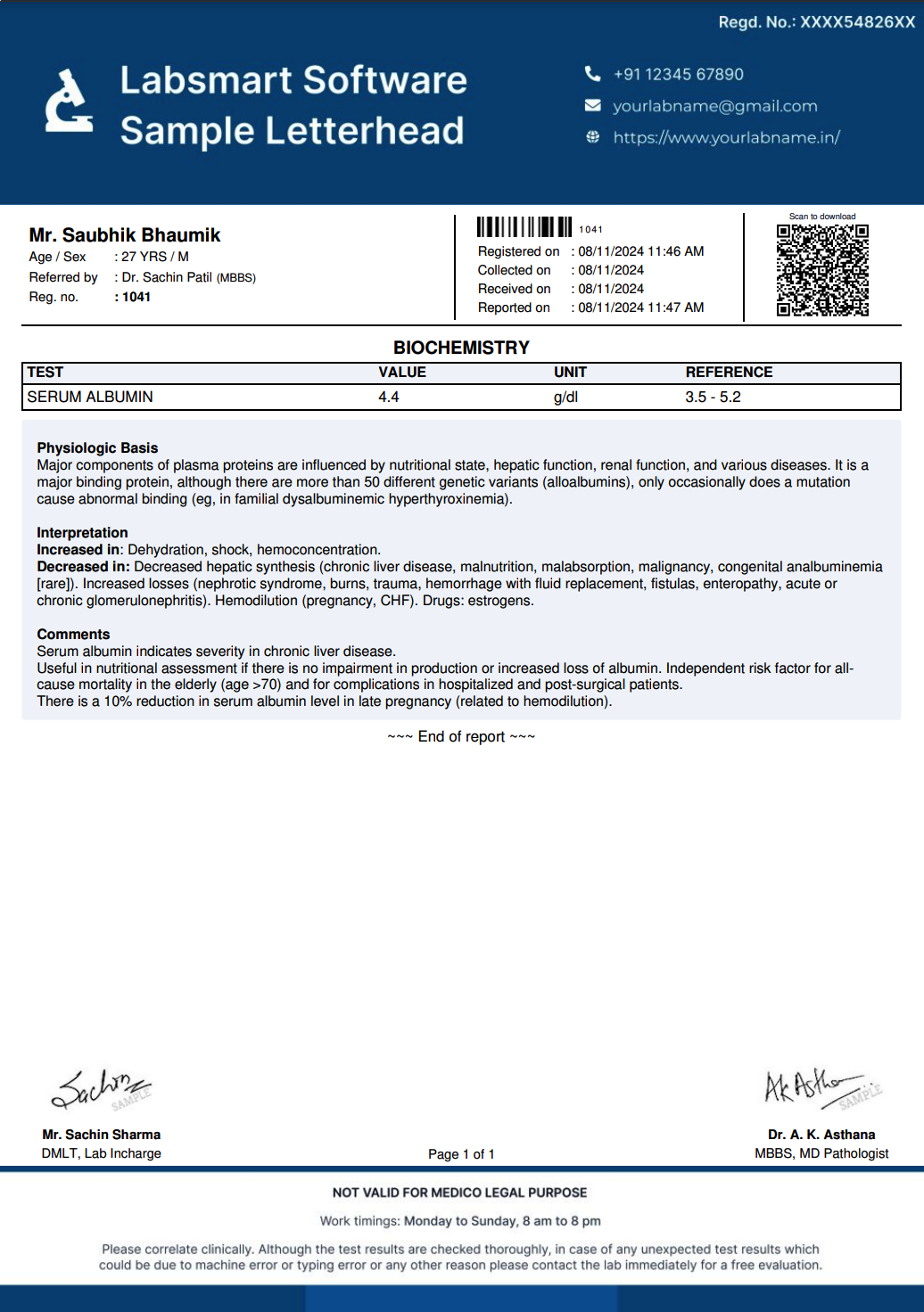 Albumin Report Format