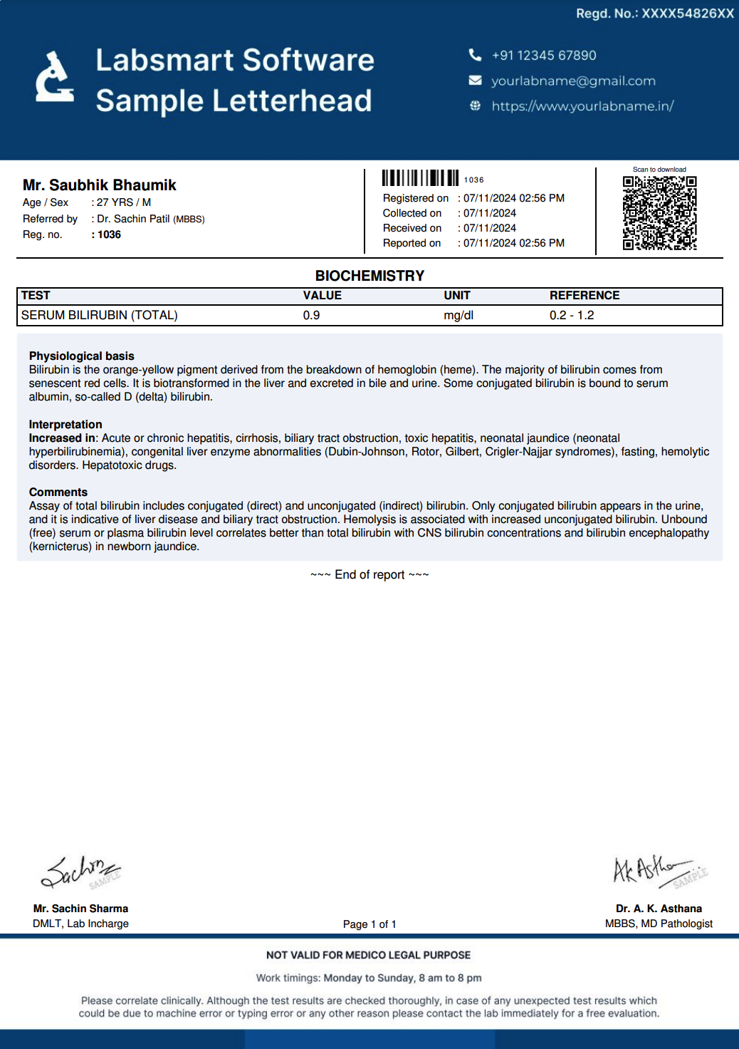 Serum Bilirubin (Total) Report Format