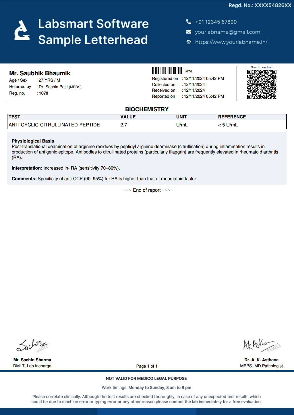 Anti cyclic-citrullinated-peptide Report Format