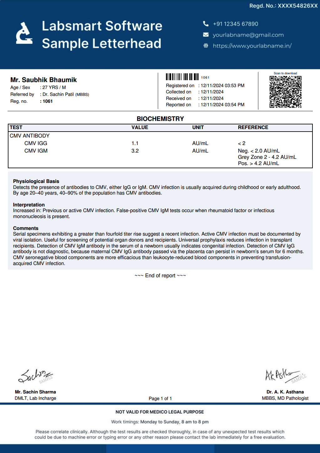 CMV antibody Report Format