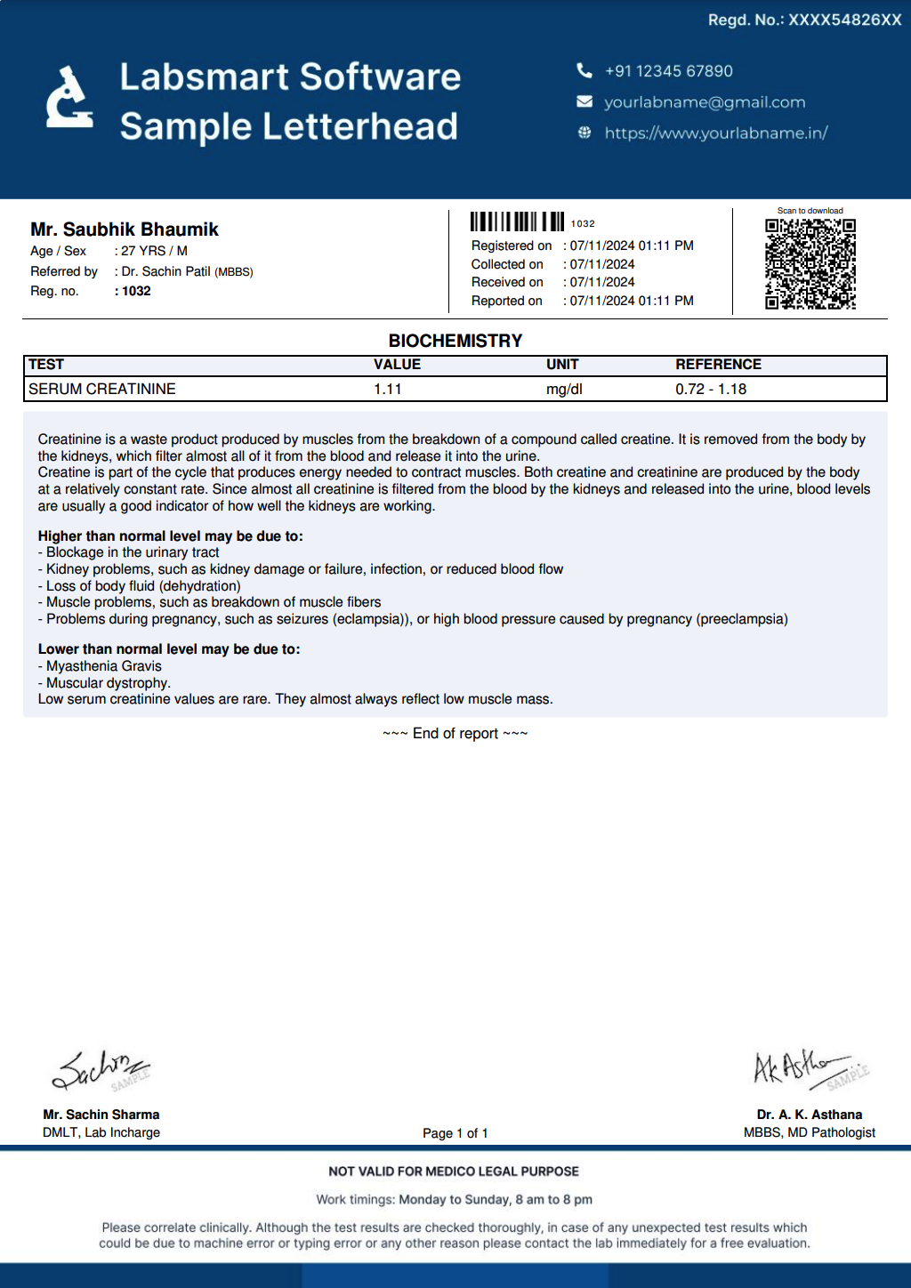 Serum Creatinine Report Format