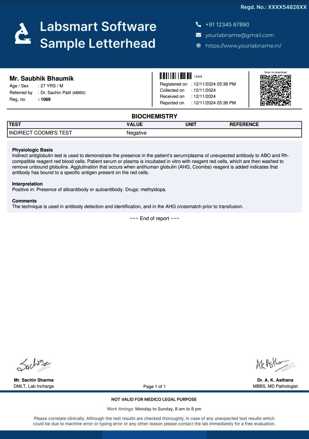 Indirect Coomb's Test Report Format