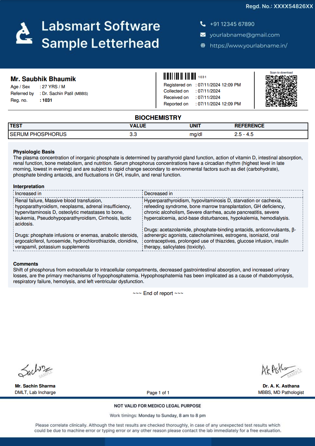 Serum Phosphorus Report Format