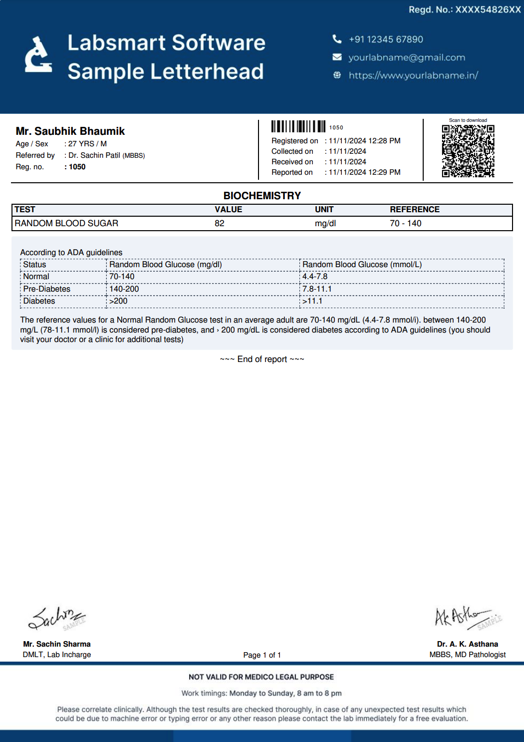 Random Blood Sugar Report Format