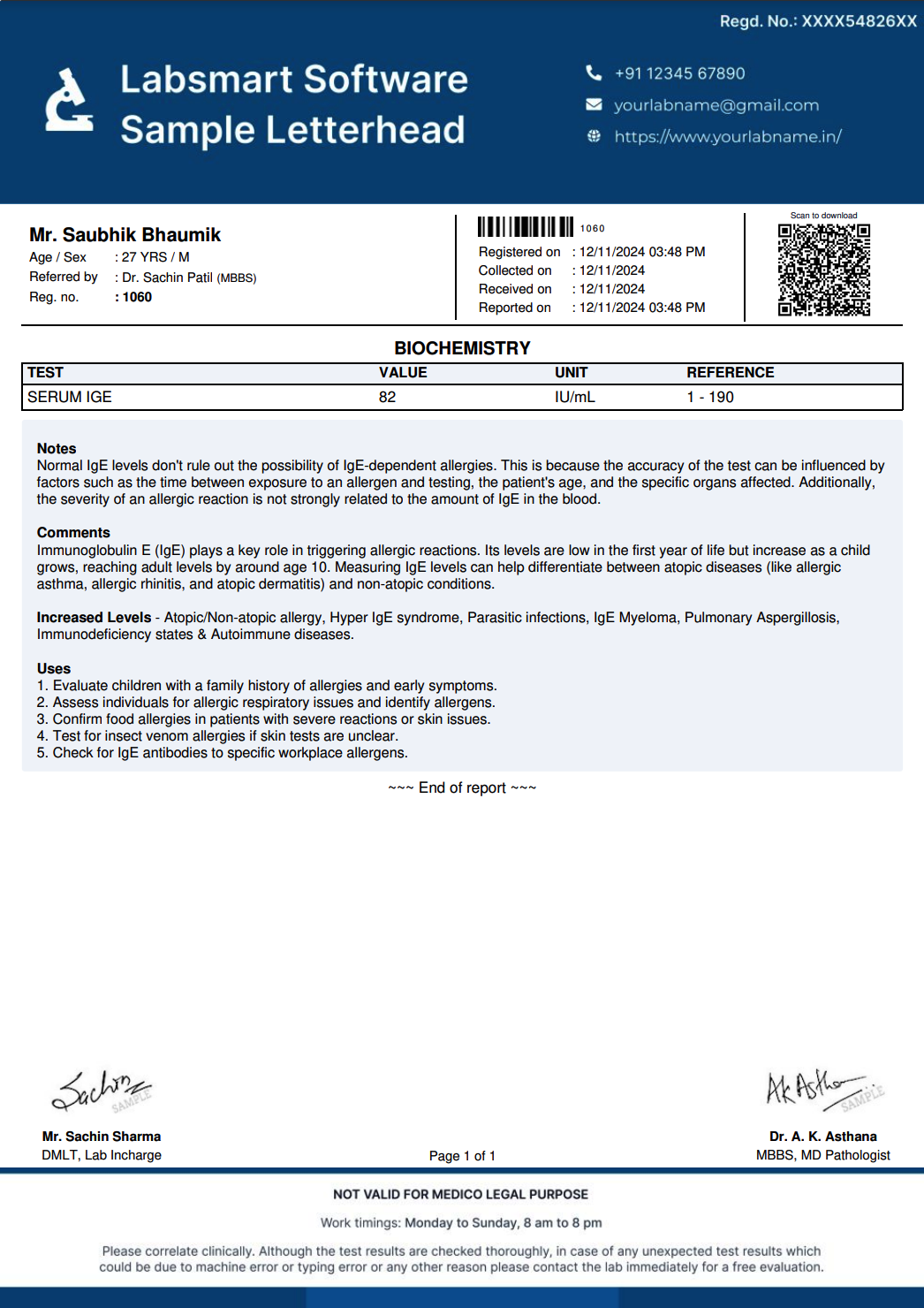 Serum immunoglobulin E, IgE Report Format