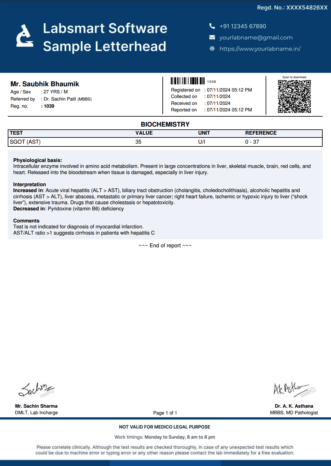 SGOT (AST) Report Format