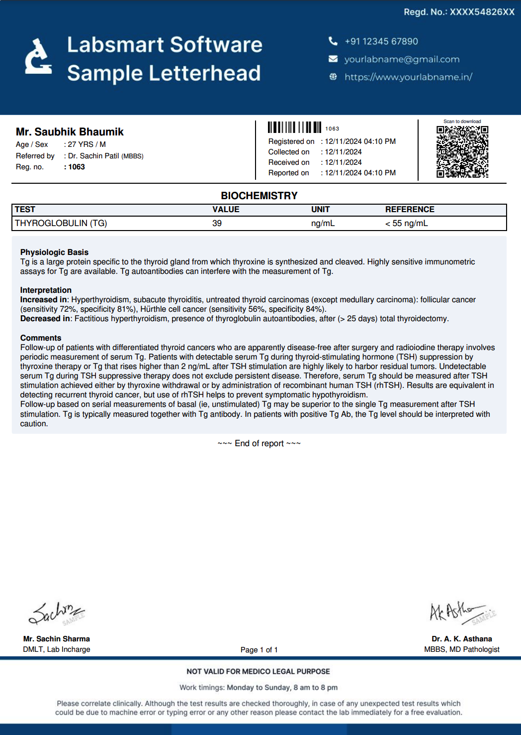 Thyroglobulin (TG) Report Format