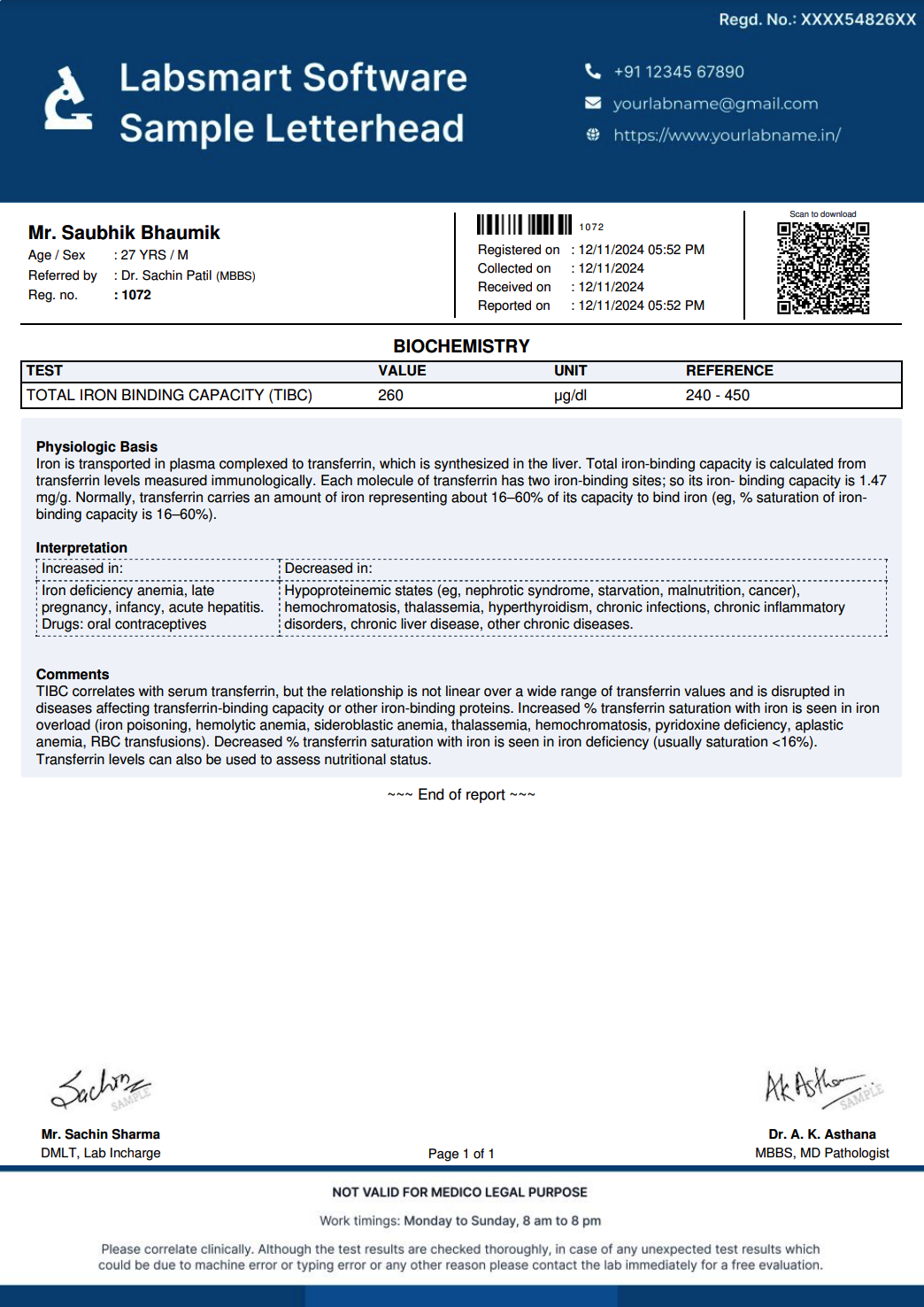 Total Iron Binding Capacity Report Format