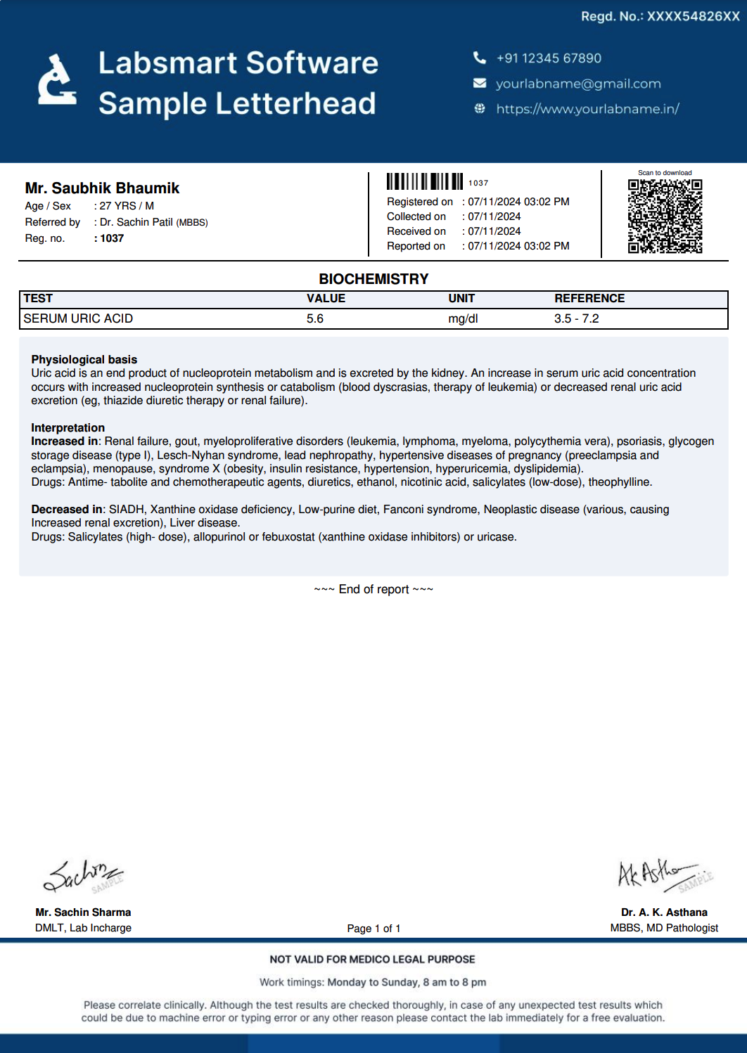 Serum Uric Acid Report Format