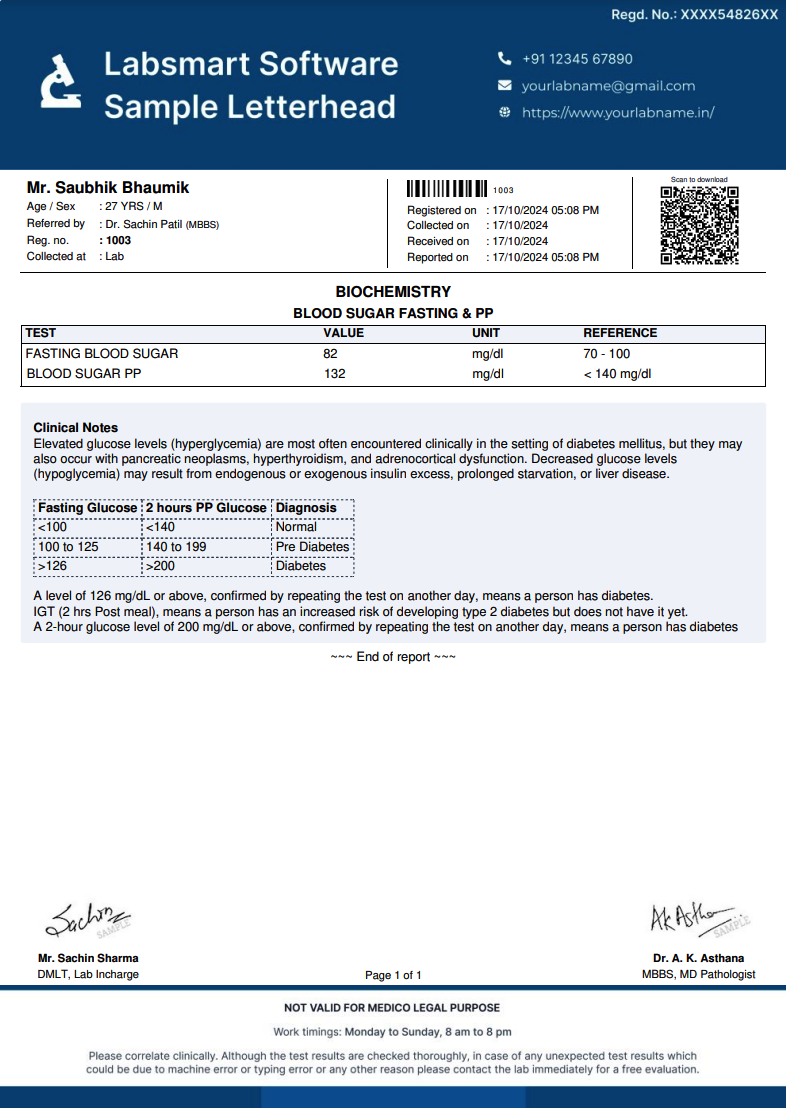 Blood Sugar Fasting & PP Report Format