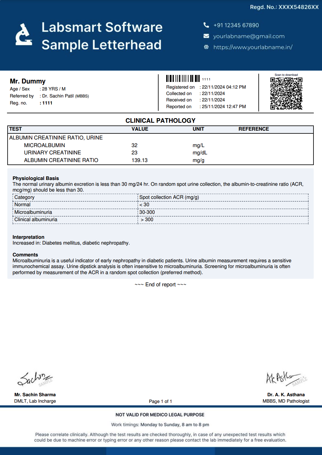 Albumin creatinine ratio, Urine Report Format