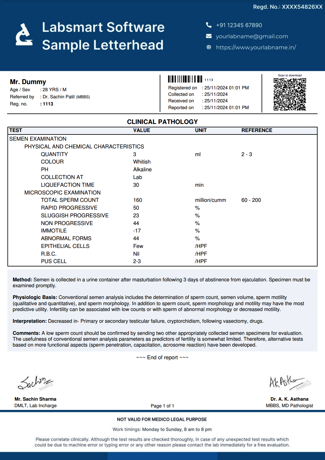 Semen Examination Report Format