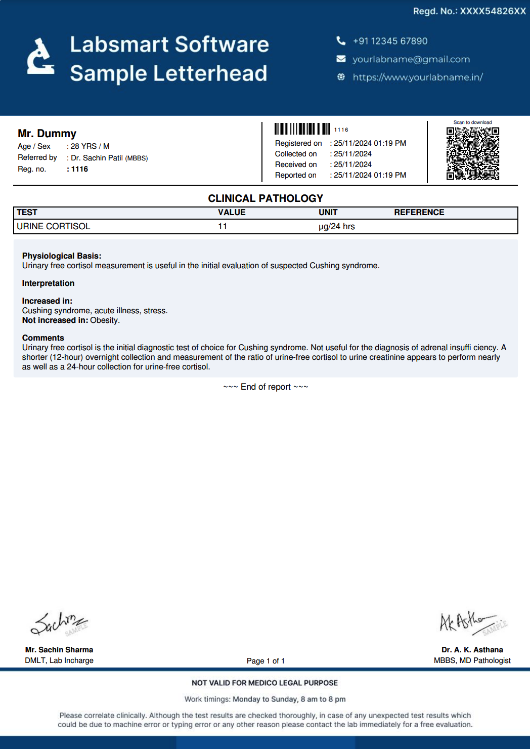 Urine Cortisol Report Format