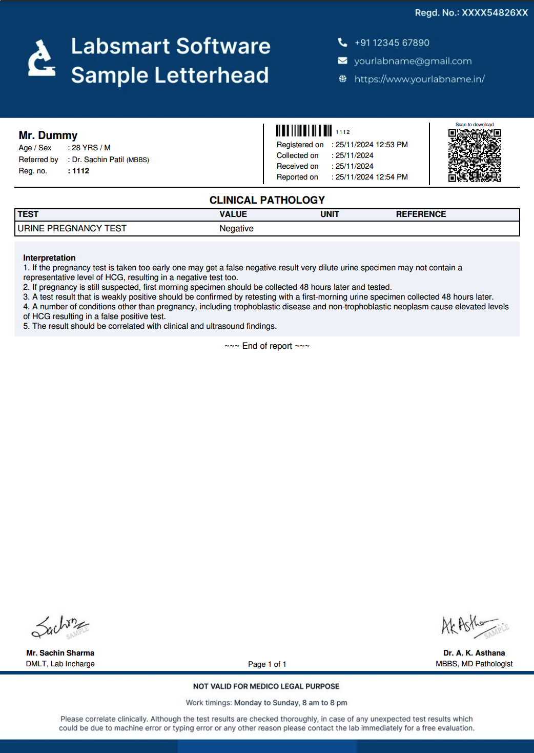 Urine Pregnancy Test Report Format