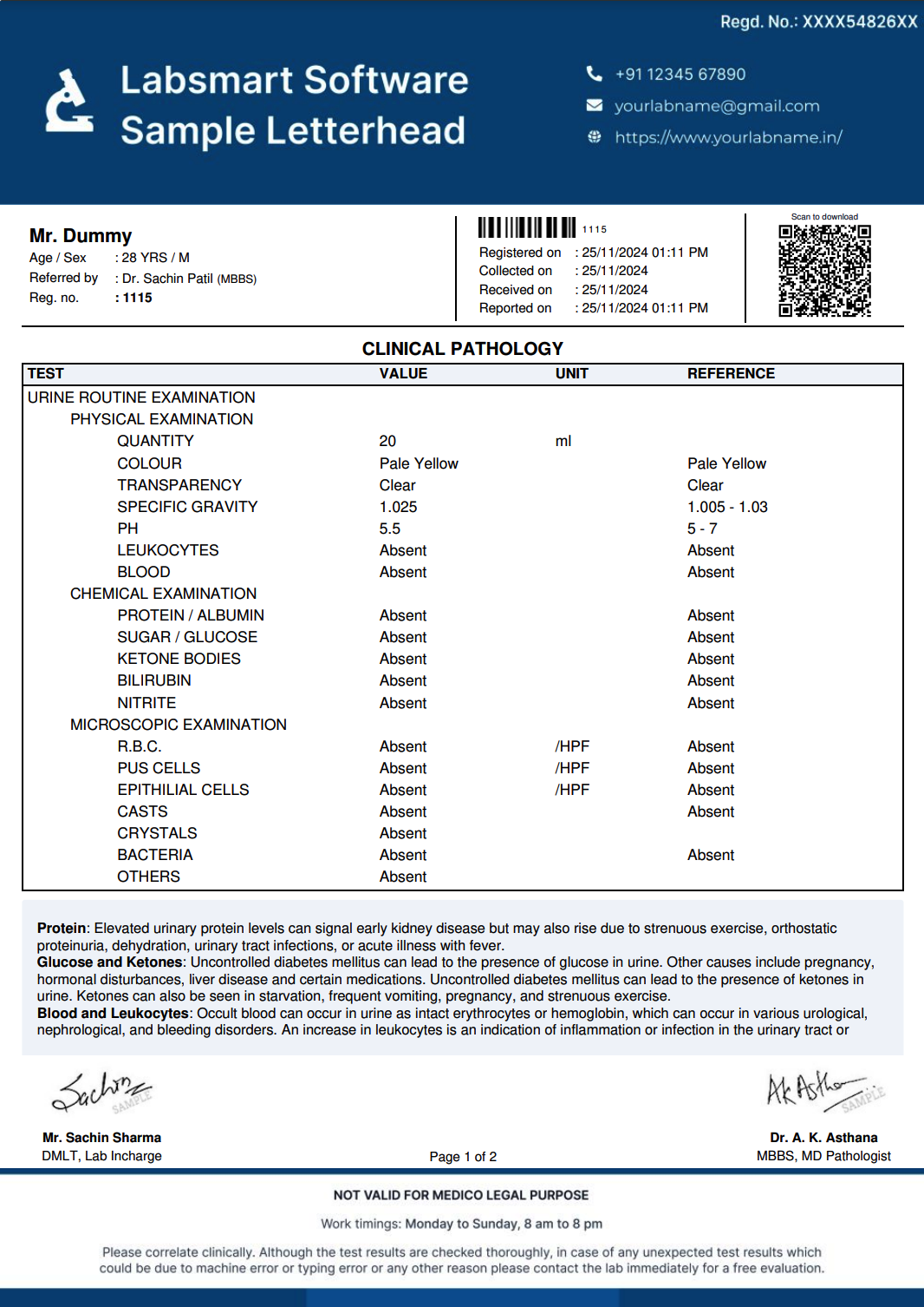 Urine Routine Examination Report Format