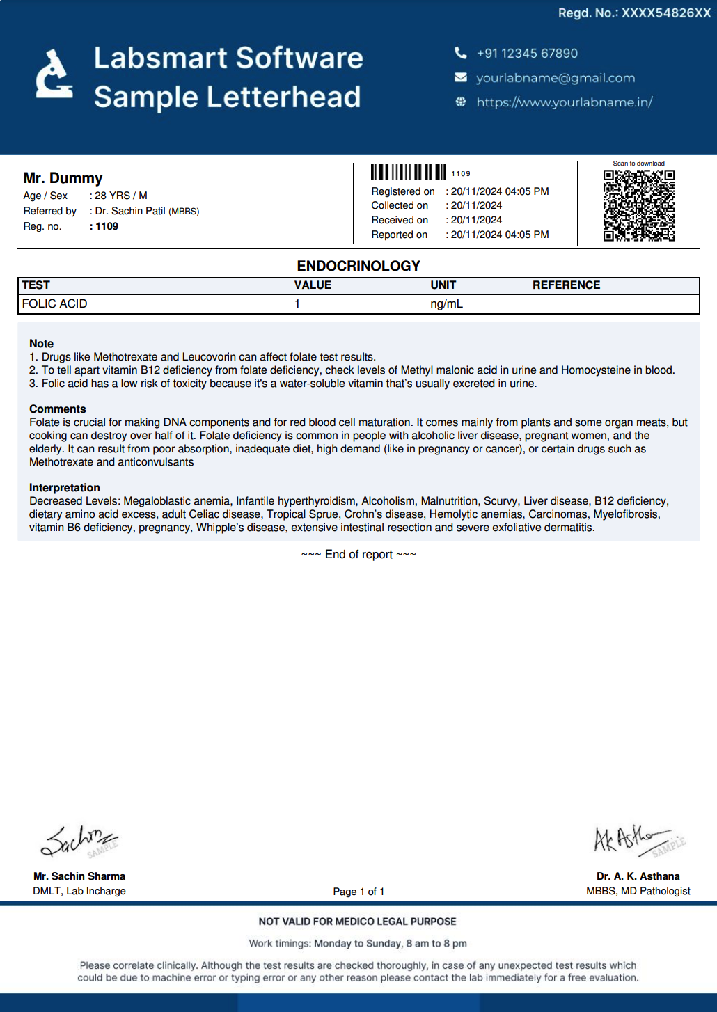 Folic Acid Report Format