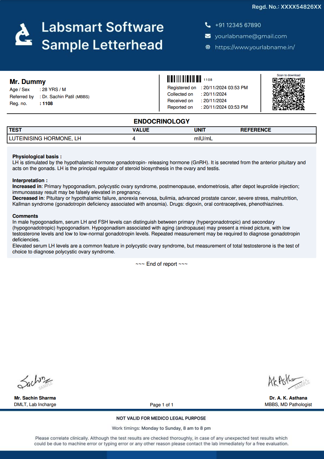 Luteinising Hormone, LH Report Format