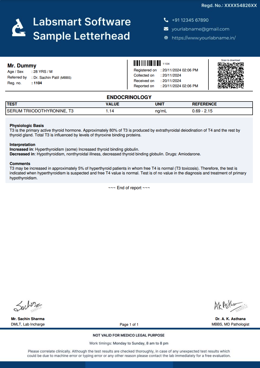 Serum Triiodothyronine, T3 Report Format