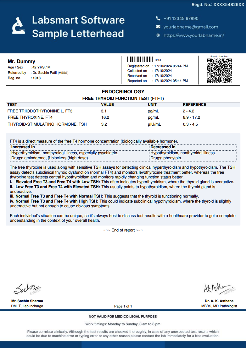 Free Thyroid Function Test (FTFT) Report Format