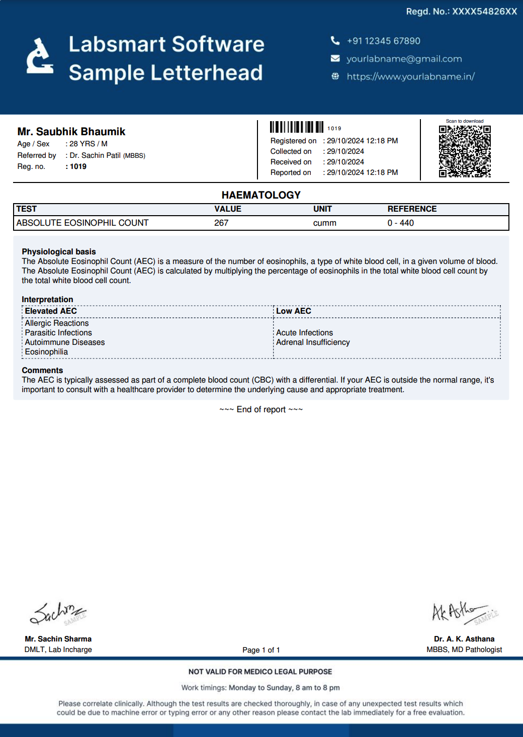 Absolute Eosinophil Count Report Format