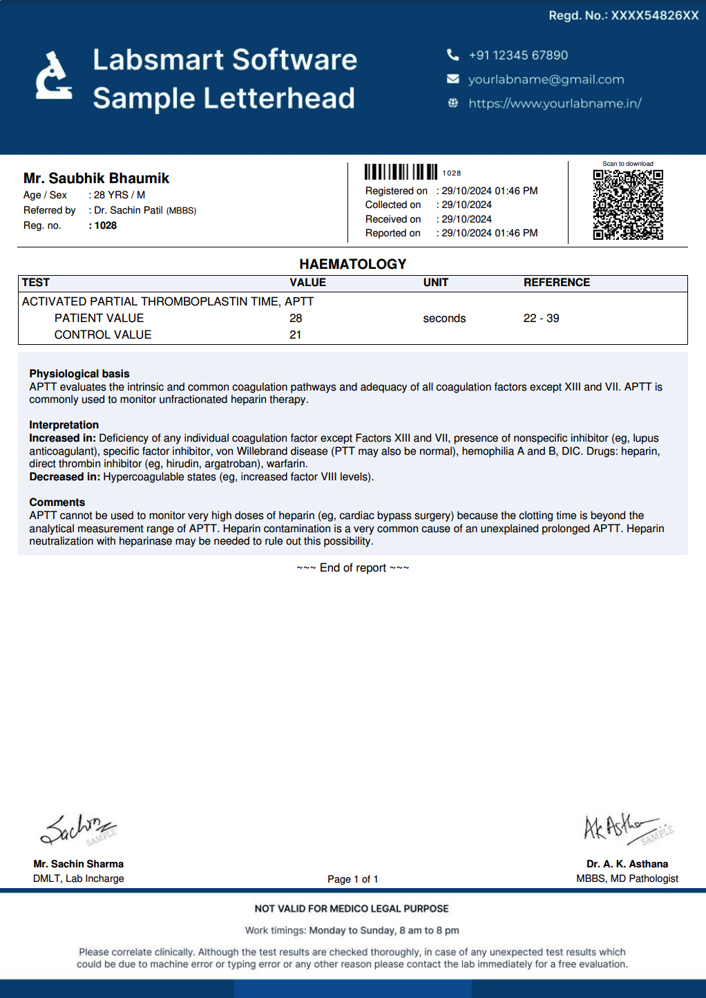 Activated partial thromboplastin time, APTT Report Format