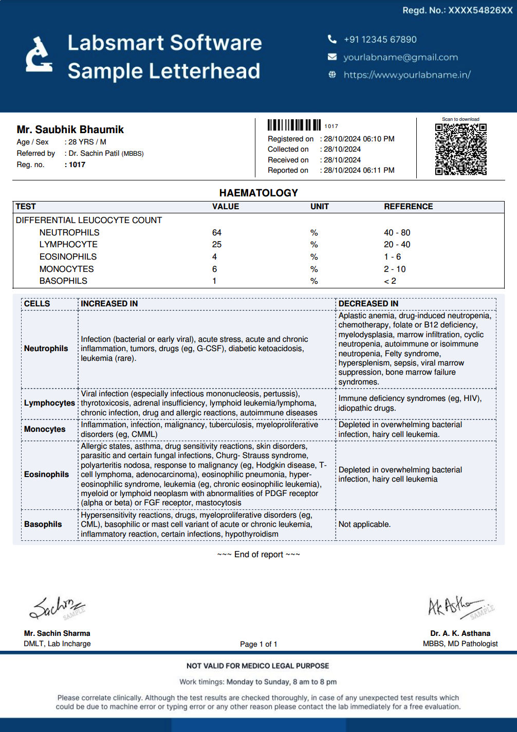 Differential Leucocyte Count (DLC) Report Format