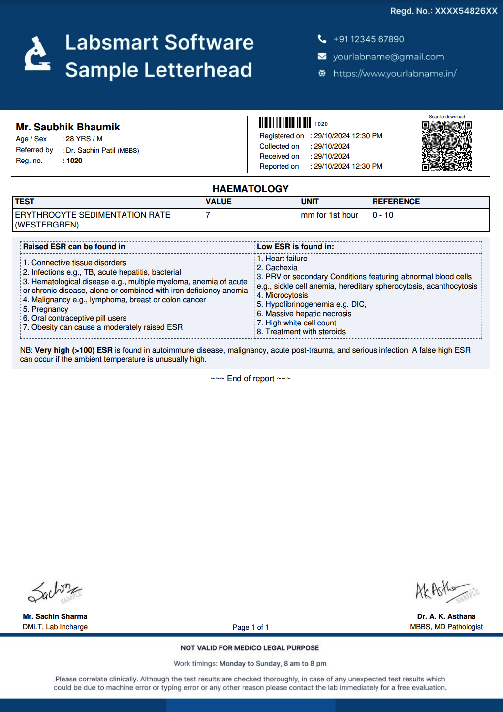 Erythrocyte sedimentation rate (Westergren) Report Format