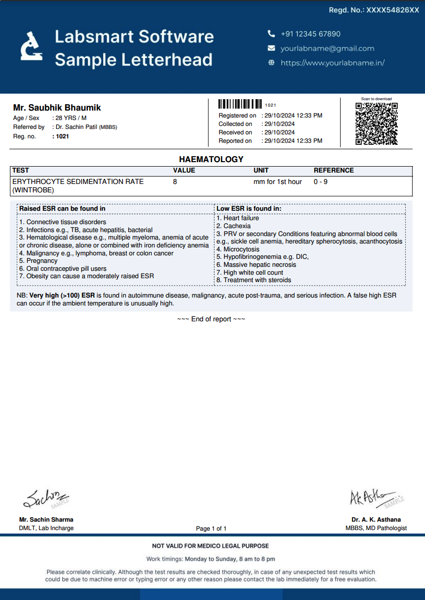 Erythrocyte Sedimentation Rate (Wintrobe) Report Format