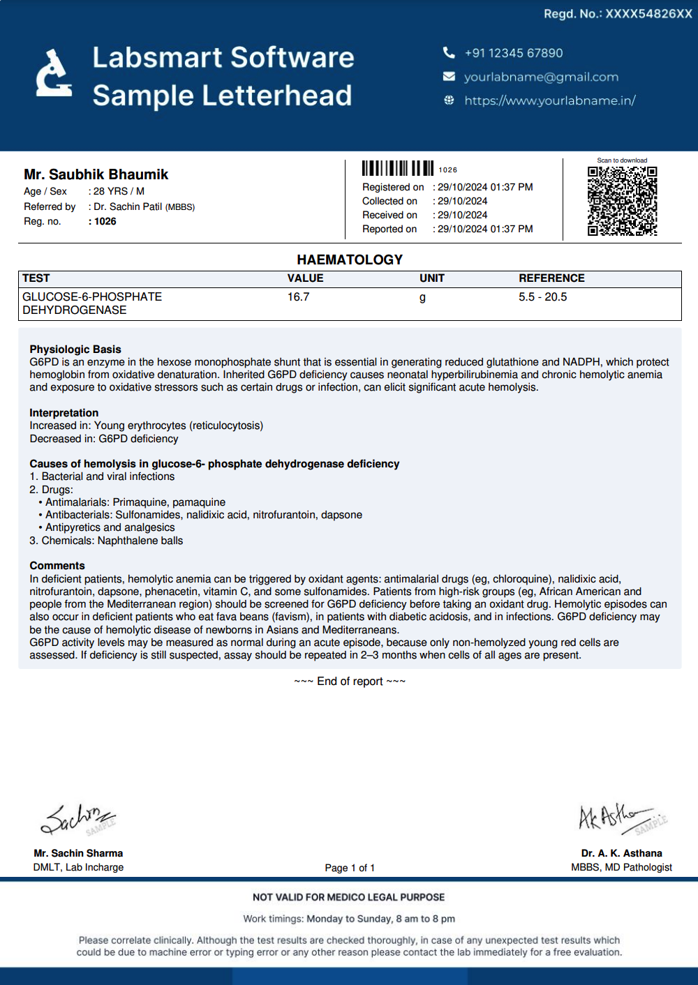 Glucose-6-phosphate dehydrogenase Report Format