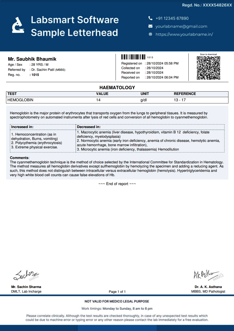 Hemoglobin (Hb) Report Format