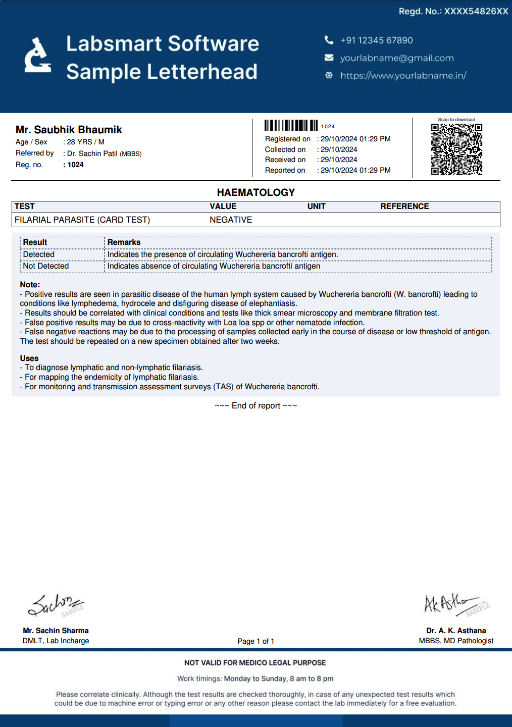 Filarial Parasite (Card Test) Report Format