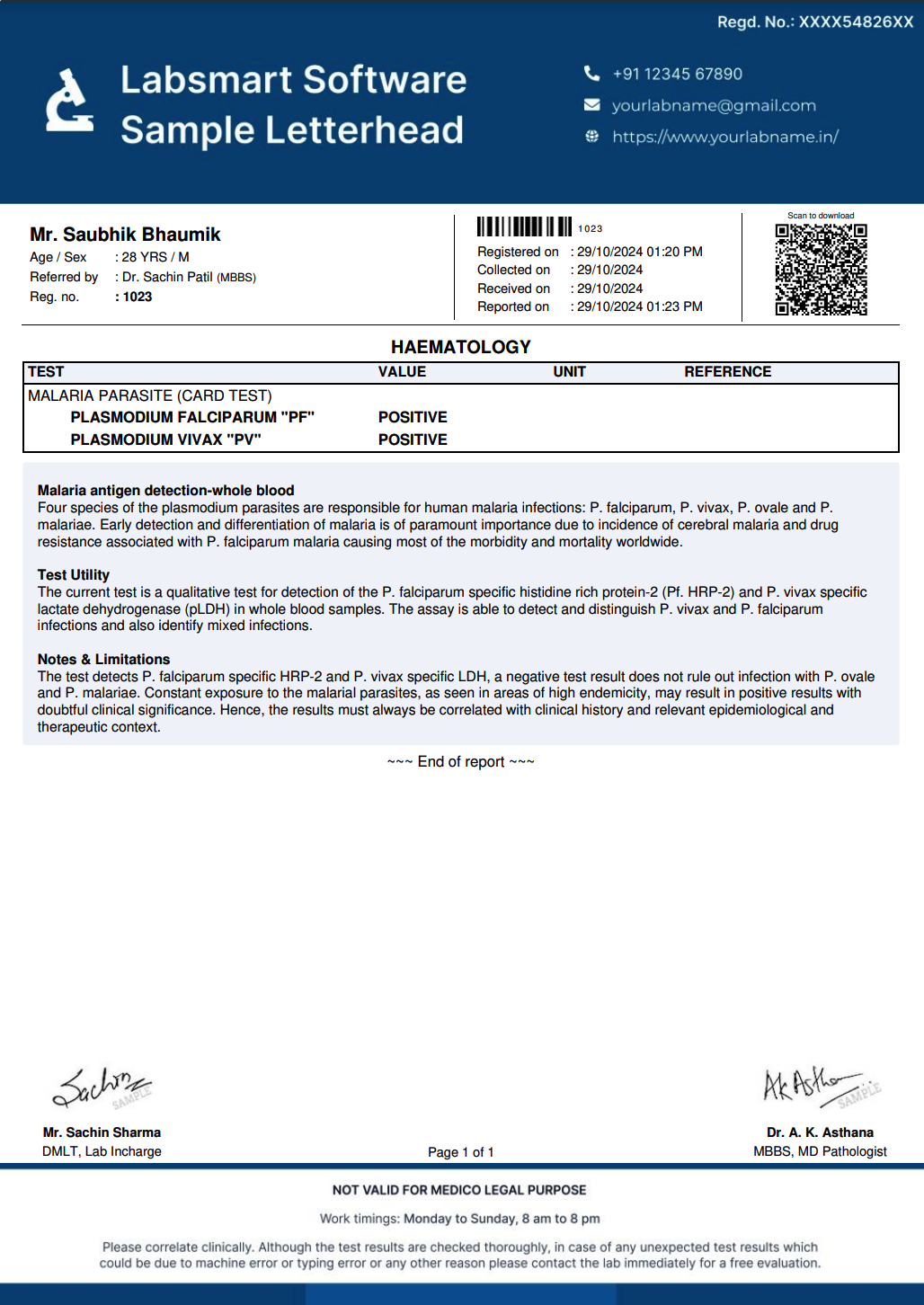 Malaria Parasite (Card Test) Report Format