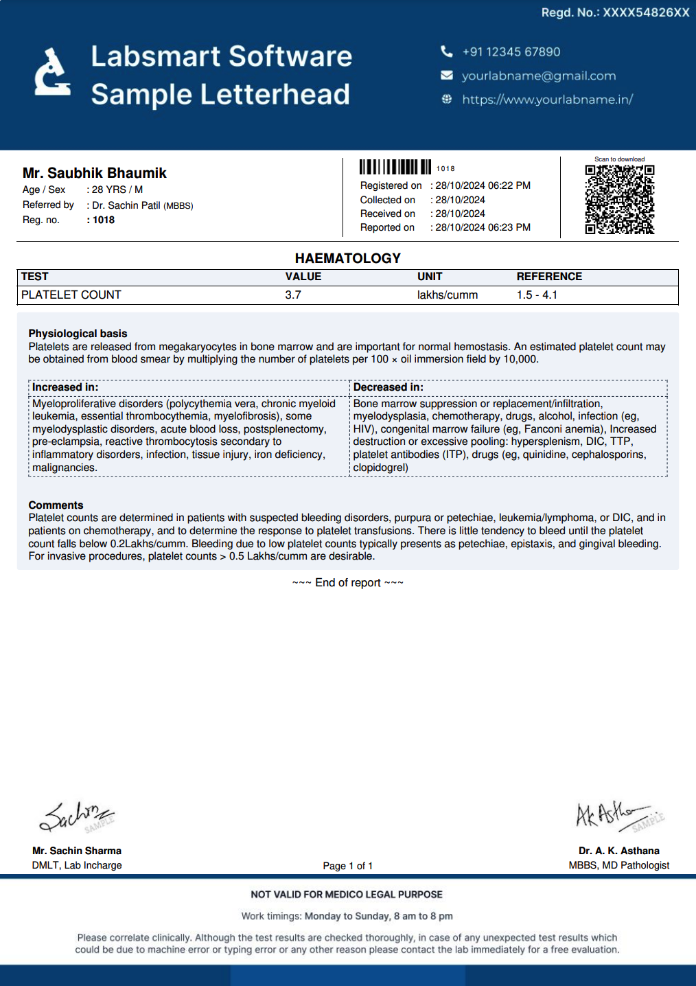 Platelet Count Report Format