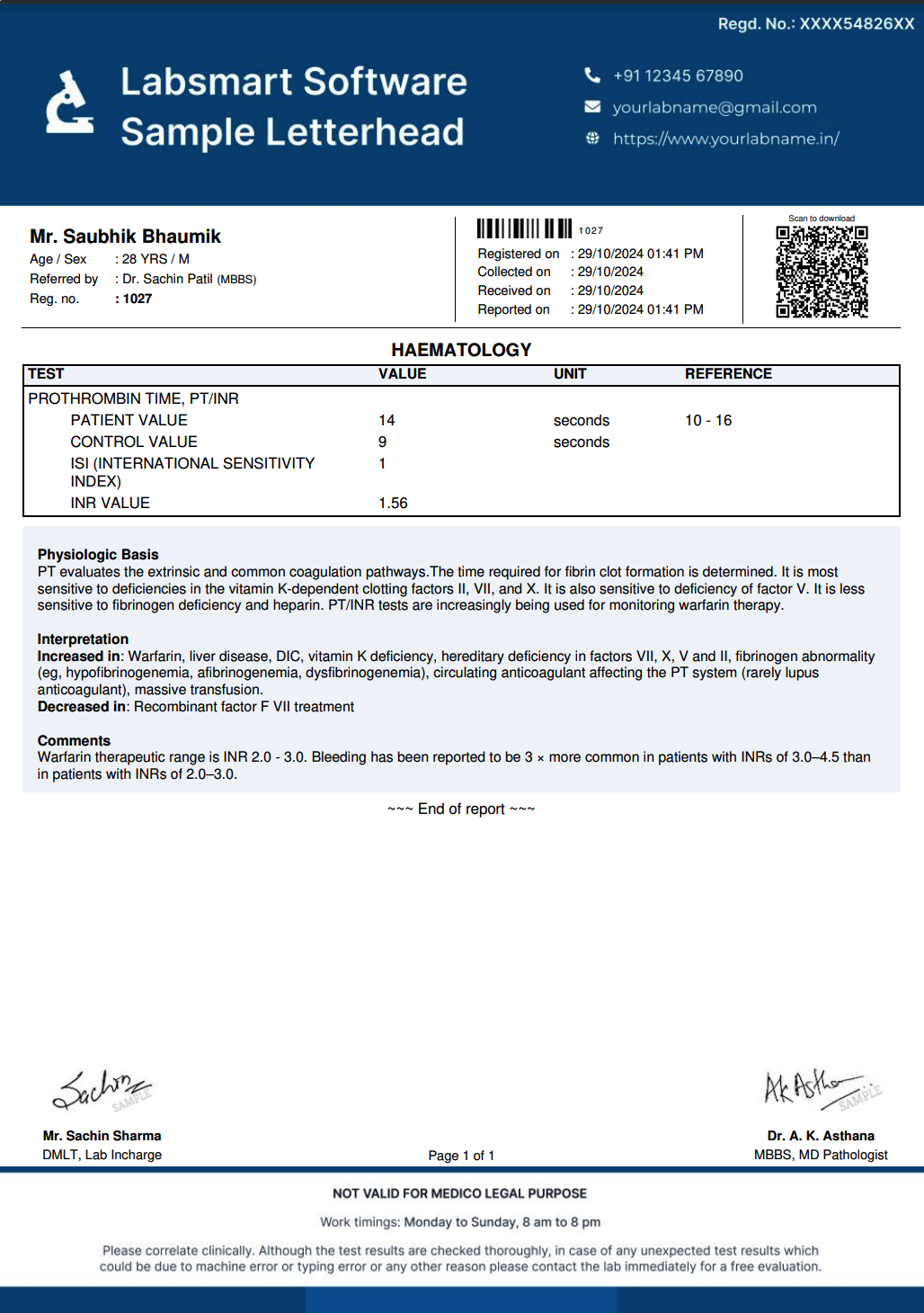 Prothrombin time, PT/INR Report Format