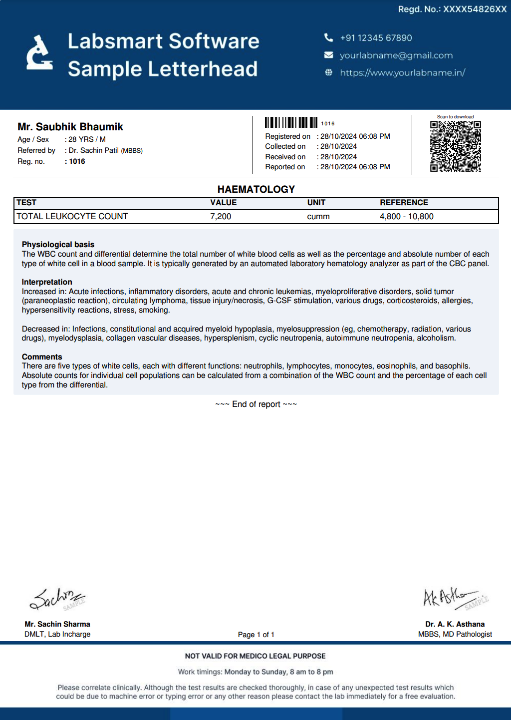 Total Leukocyte Count (TLC) Report Format