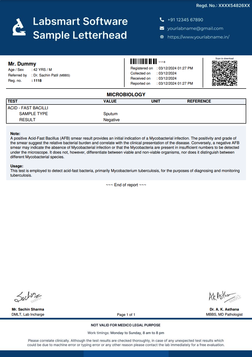 Acid Fast Bacilli Report Format