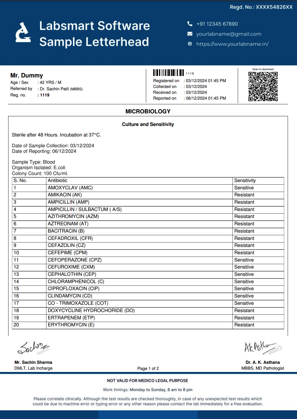 Blood Culture and Sensitivity Report Format