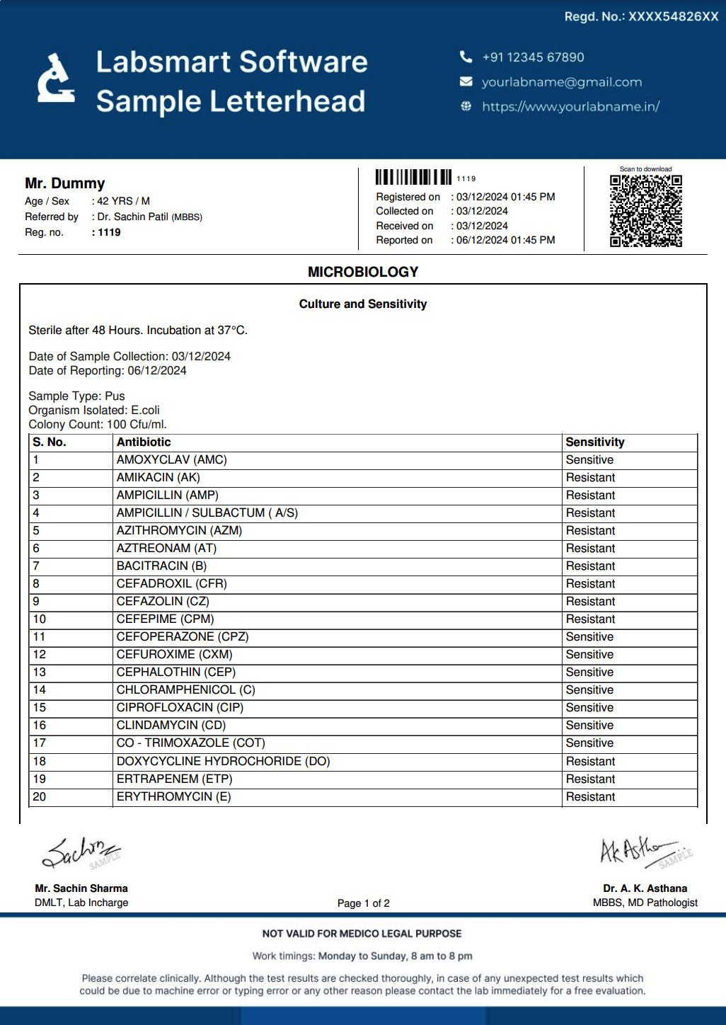 PUS Culture and Sensitivity Report Format