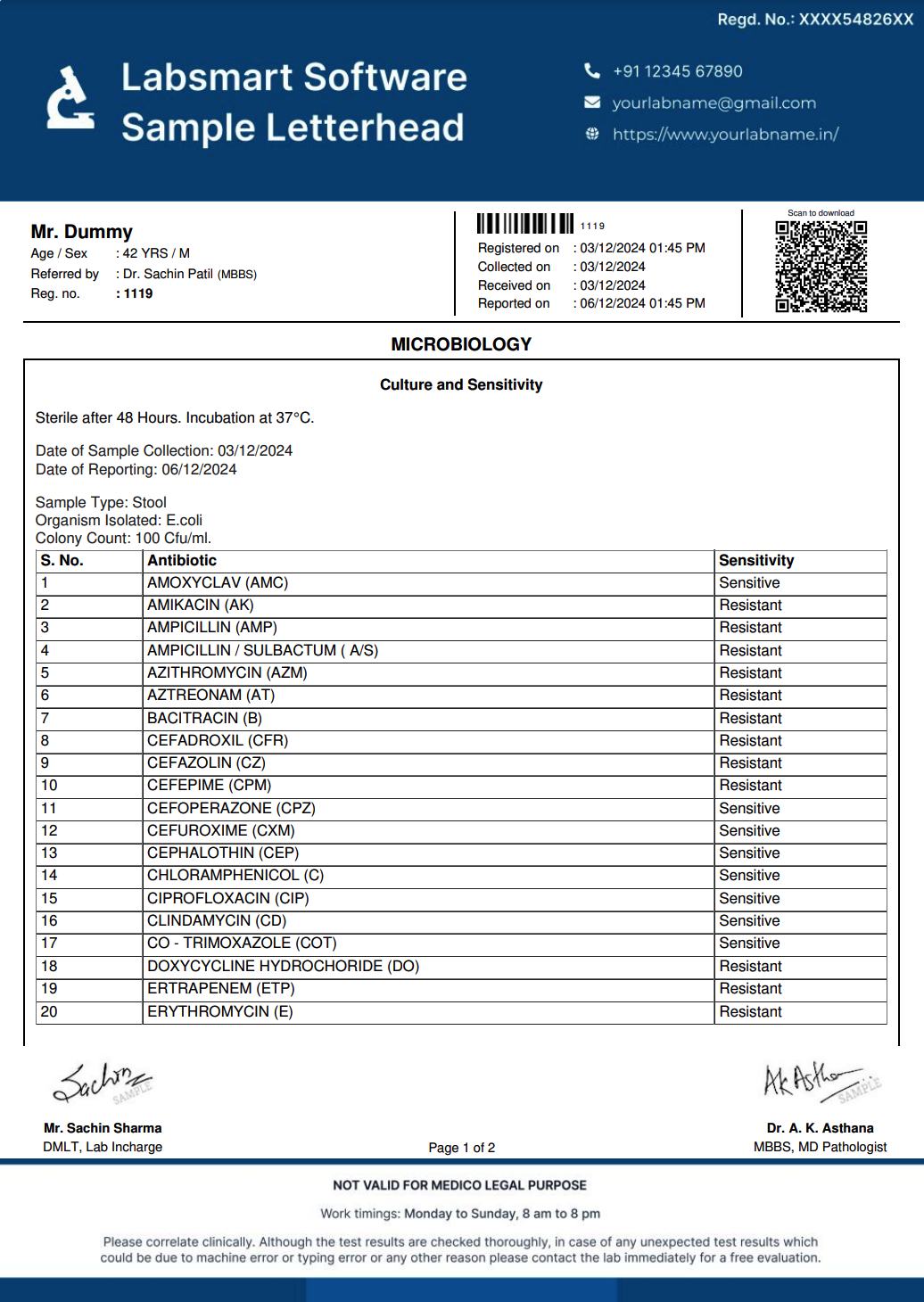 Stool Culture and Sensitivity Report Format