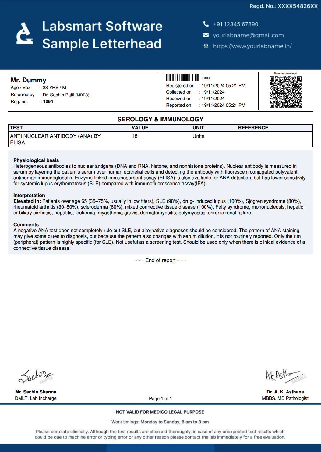 Anti Nuclear Antibody (ANA) by ELISA Report Format