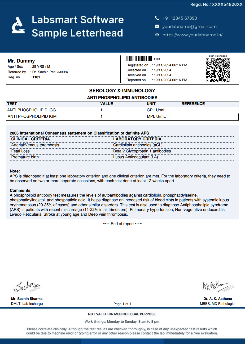 Anti Phospholipid Antibodies Report Format