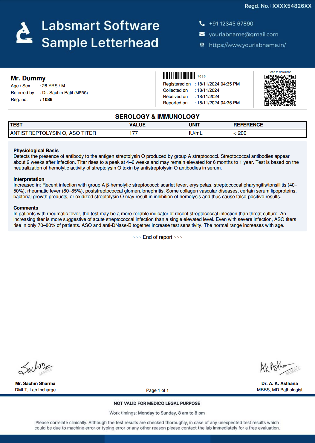 Antistreptolysin O, ASO Titer Report Format