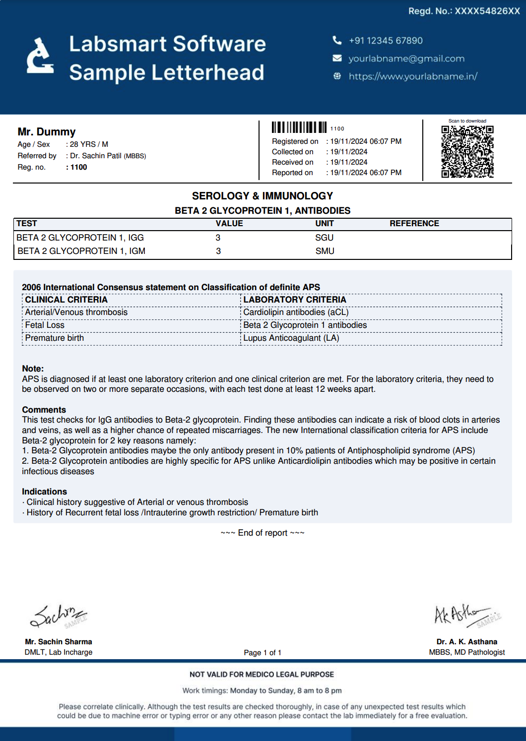 Beta 2 Glycoprotein 1, Antibodies Report Format