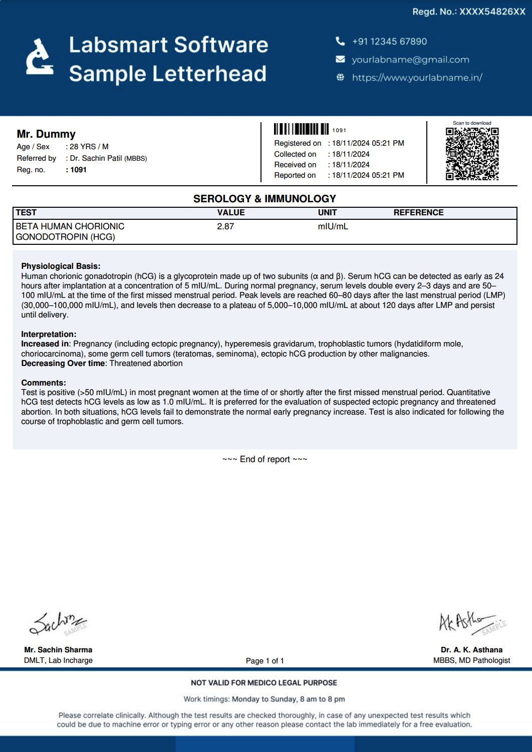 Beta Human Chorionic Gonodotropin (HCG) Report Format