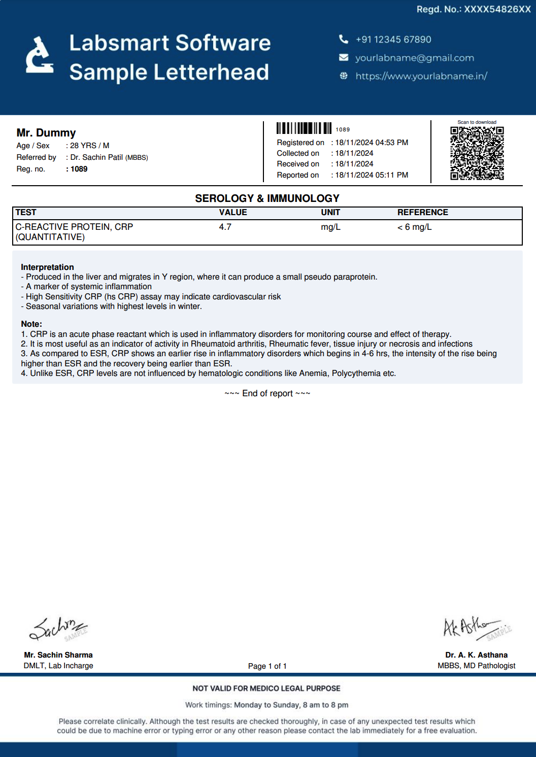 C-Reactive Protein, CRP Report Format