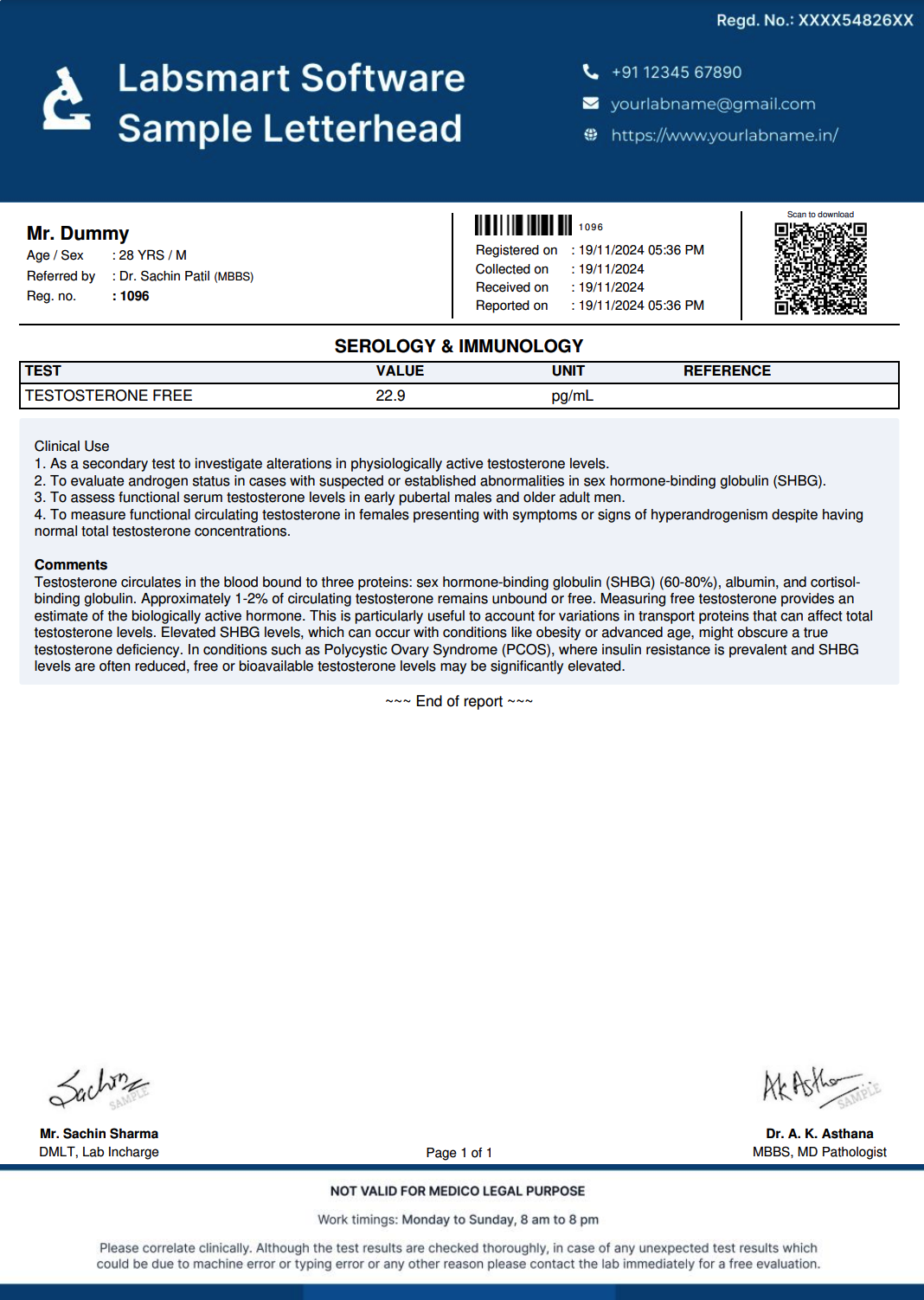 Testosterone Free Report Format