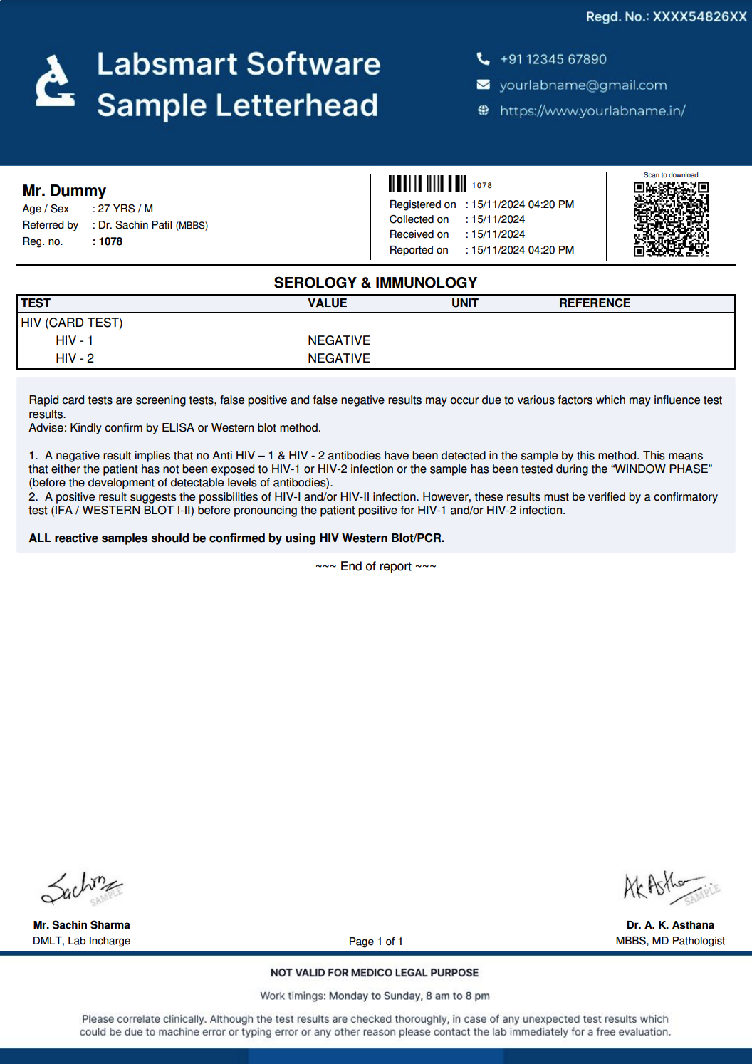 HIV (Card Test) Report Format