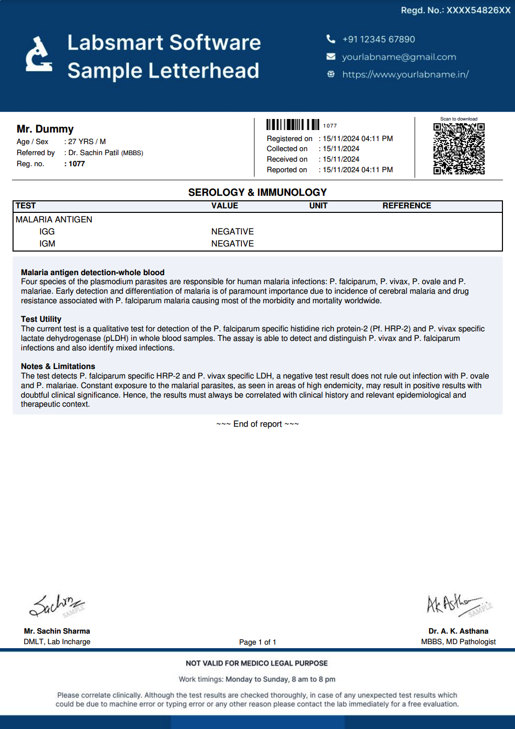 Malaria Antigen Report Format